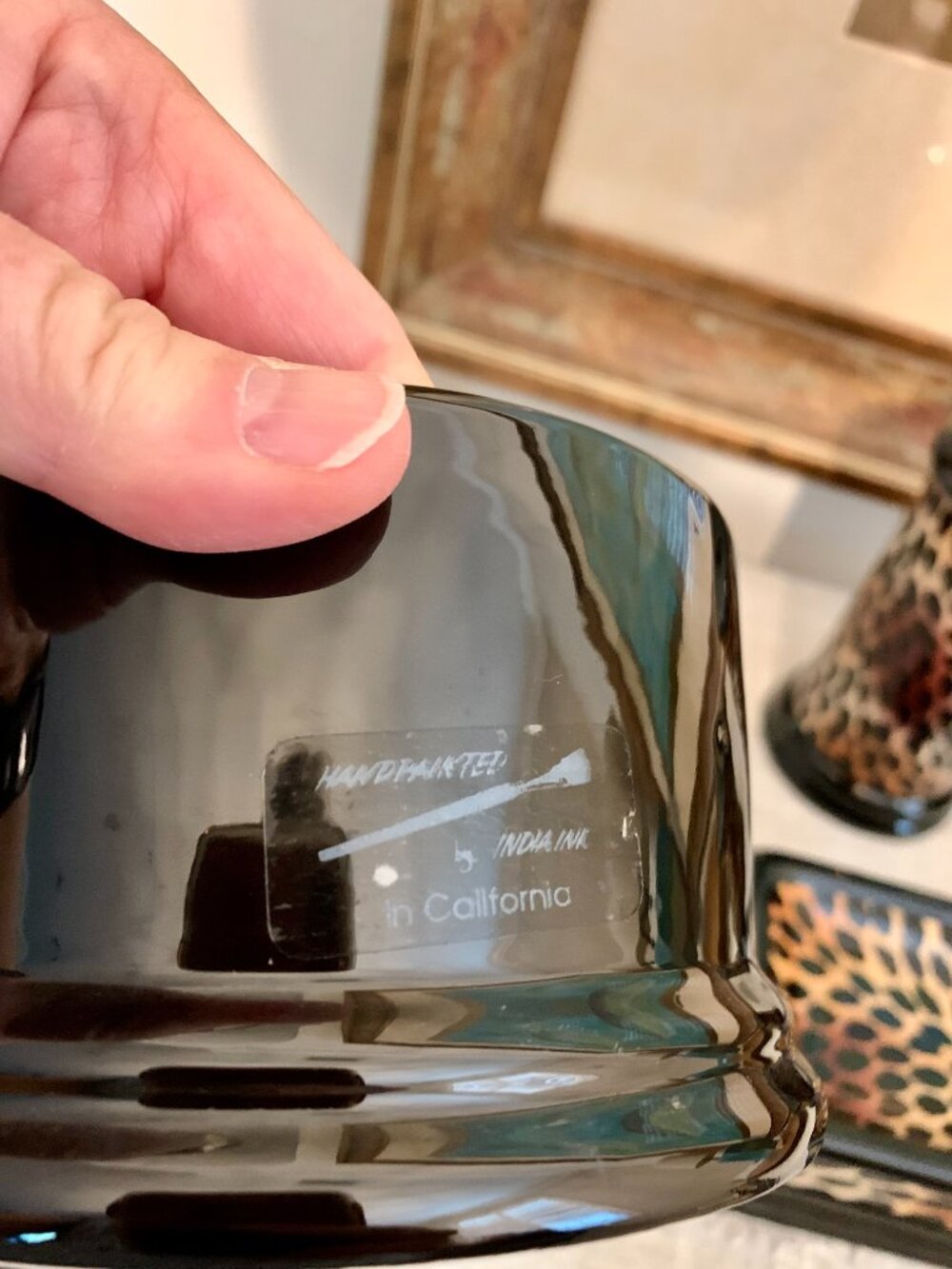 Leopard Print 4 Pc Bathroom Accessories Vintage Indian Ink Hand Painted Ceramic - Picture 4 of 11